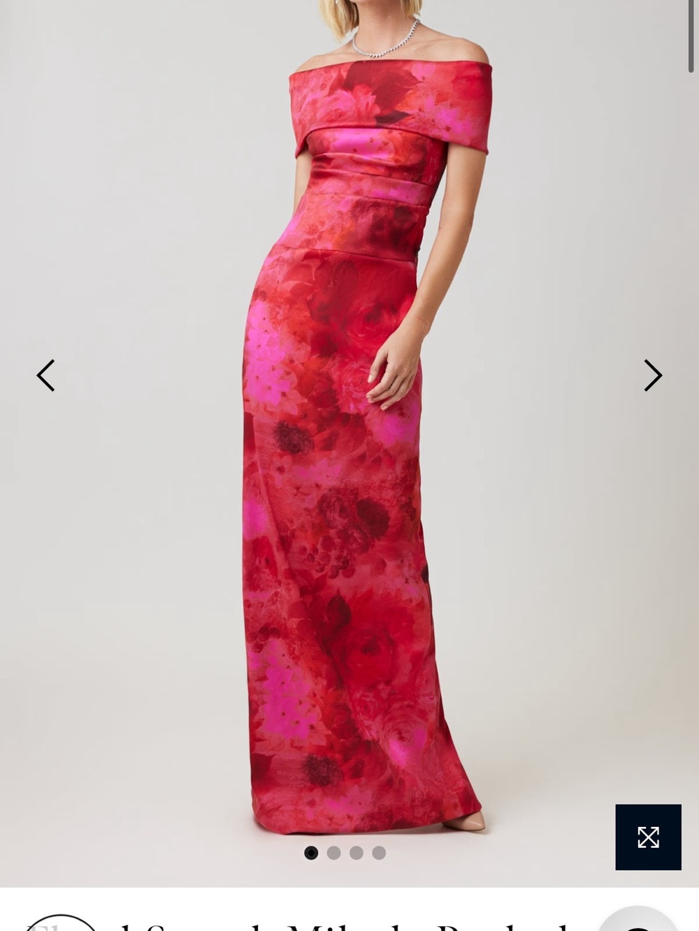 Off-Shoulder Floral Satin Evening Gown in Red-Pink